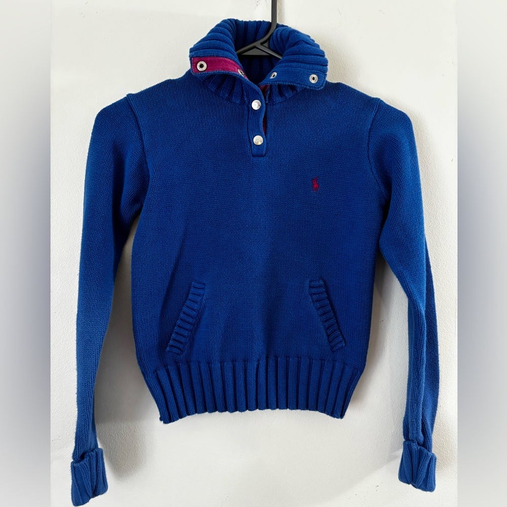 Ralph Lauren Kids Cotton Royal Blue Knit Half-Snap Collar with Pink Trim Sz L